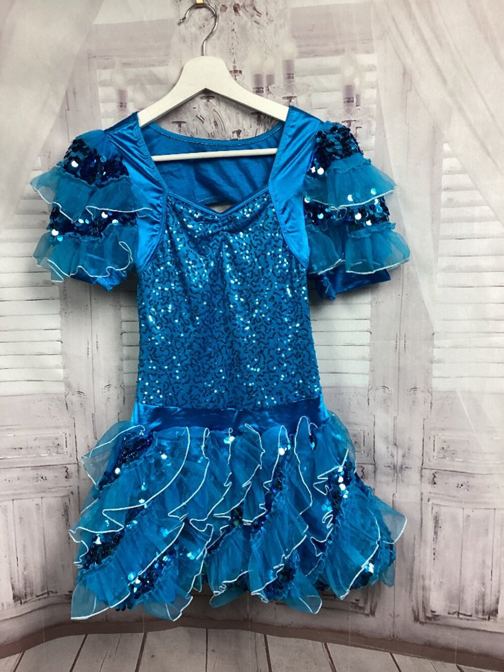 Weismann dance dress blue sequin ruffles 7611 10/12 Girls